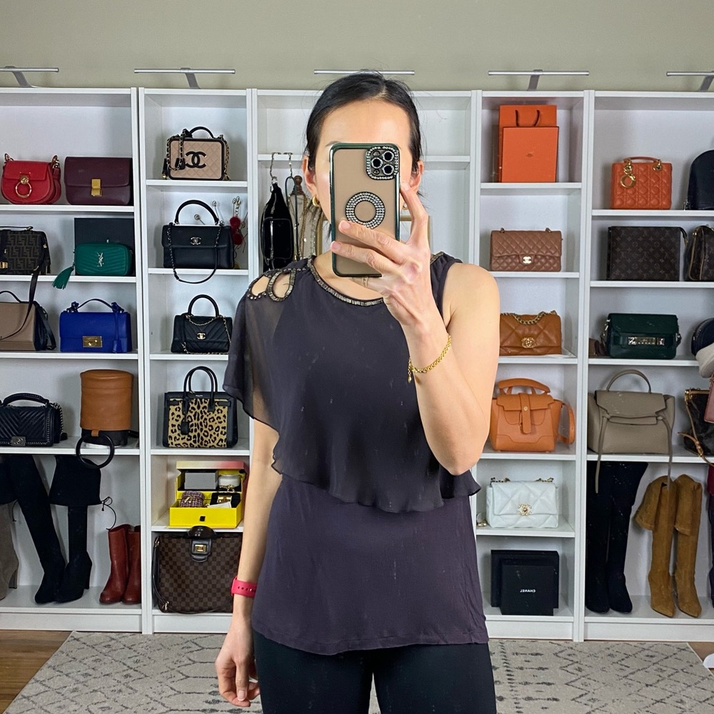 Drapery shoulder top w/ metal embellishments